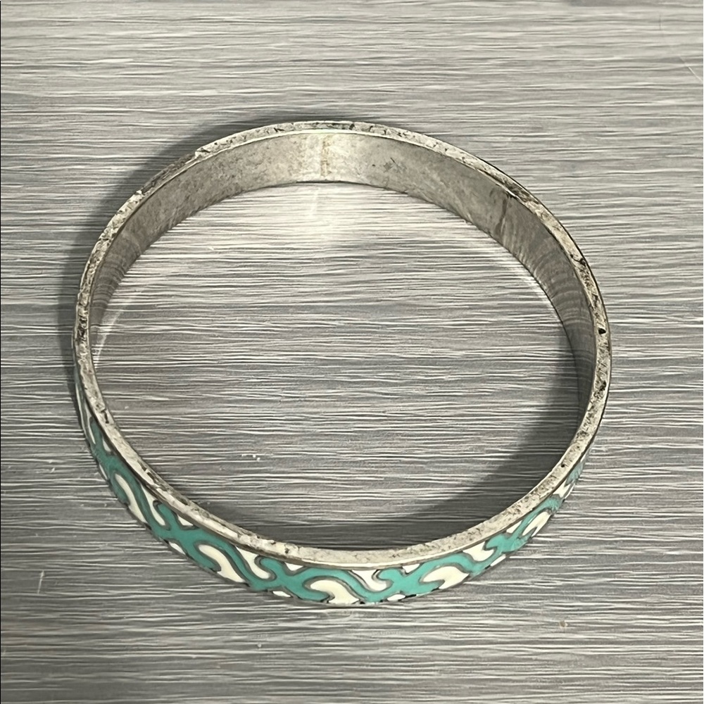 Lucky Brand Silver and Enamel Bangle Bracelet, White, Teal, Boho - Picture 5 of 6